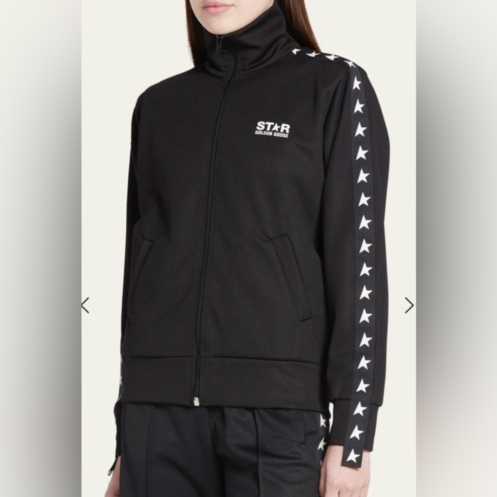 Golden Goose Black Zip-Up Jacket with White Star Grossgrain Trim Womens Size L